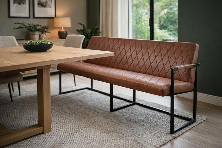 Showroomactie! Eetkamerbank | Label51 | Cognac, Huis en Inrichting, Stoelen, Eén, Overige kleuren, Nieuw, Hout, Leer, Metaal, Stof