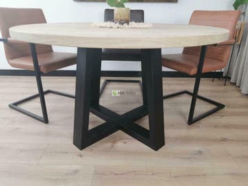 Massief Eiken ronde tafel met Metalen dubbele U Poot, Rond ronde eik eiken eikenhout massief 110 120 130 140 150, Overige houtsoorten