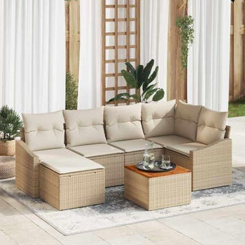 vidaXL Tuinbankenset met kussen 7 pcs Beige poly rattan, Verzenden, Nieuw, Rotan, 7 zitplaatsen