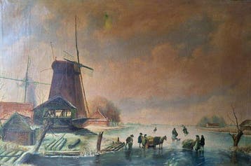J C C Trollaard - Winterlandschap met veel perzonen en paard
