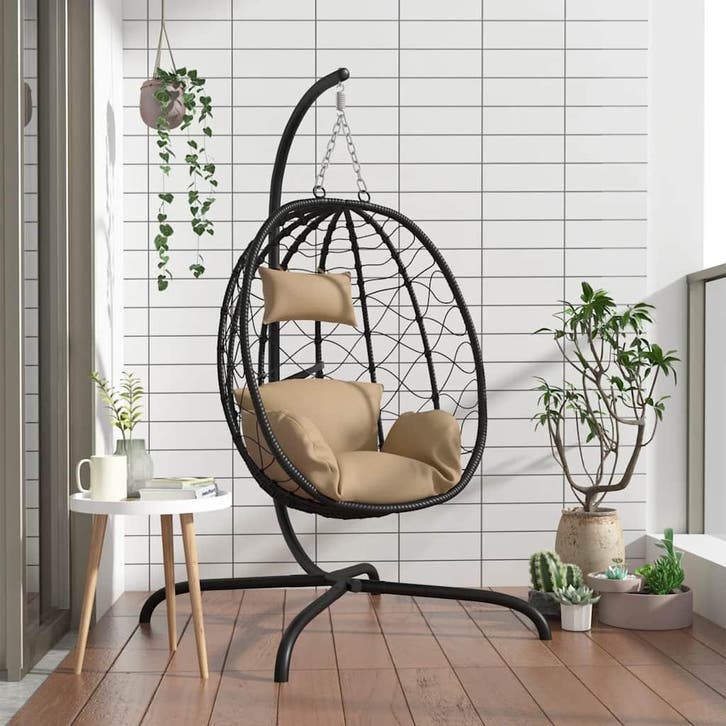 vidaXL Hangende Eivormige Stoel met Kussen Taupe Poly Rattan, Tuin en Terras, Tuinbanken, Nieuw, Rotan, Verzenden