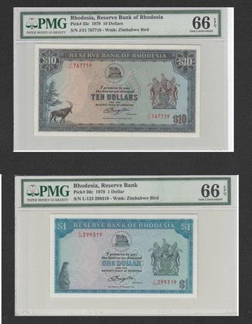 Rhodesië. - 1 and 10 Dollars 1979 - Pick 30c and 33c