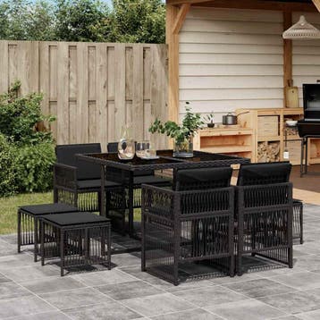 vidaXL 9-delige Tuinset poly rattan zwart, Verzenden, Nieuw, 8 zitplaatsen, Tuinset
