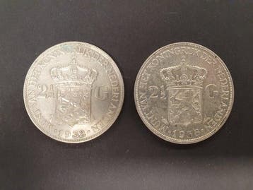 Nederland. Wilhelmina. 2 1/2 Gulden 2x Grof Haar 1932b &