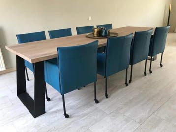 Set van 8 blauwe leren kuip eetkamerstoelen met wieltjes -, Ophalen of Verzenden, Nieuw, Leer