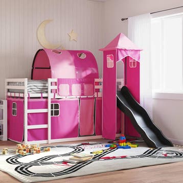 vidaXL Stapelbed met glijbaan en gordijnen roze 90x200 cm, 90 cm, Eenpersoons, Verzenden, Nieuw