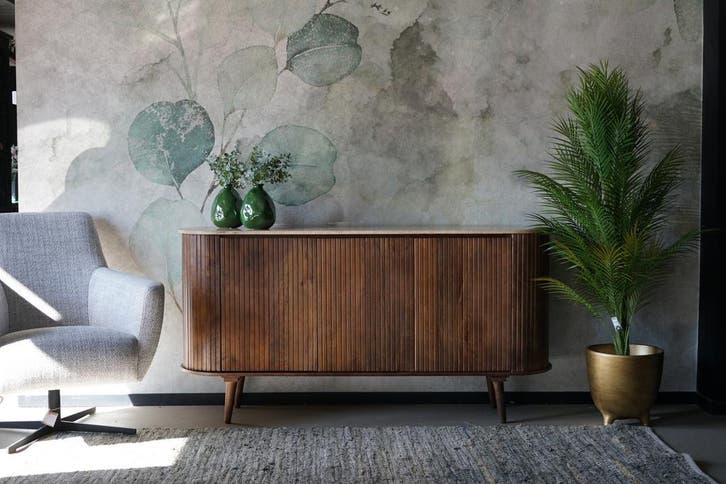 Vintage stijl dressoir met houten blad, marmer en travertine, Huis en Inrichting, Kasten | Dressoirs, 150 tot 200 cm, 25 tot 50 cm