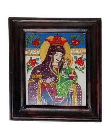 Icoon - Moeder Gods - Hout - Schilderij onder glas - 20 x 23