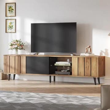 TV-Meubel Hout en Zwart met 3 Deuren en Glazen Plank 175 cm, Verzenden, Nieuw