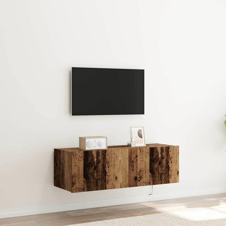 vidaXL TV Wandkast met LED 2 pcs Oudhout 100 x 35 x 31 cm, Huis en Inrichting, Kasten | Televisiemeubels, Nieuw, Minder dan 50 cm