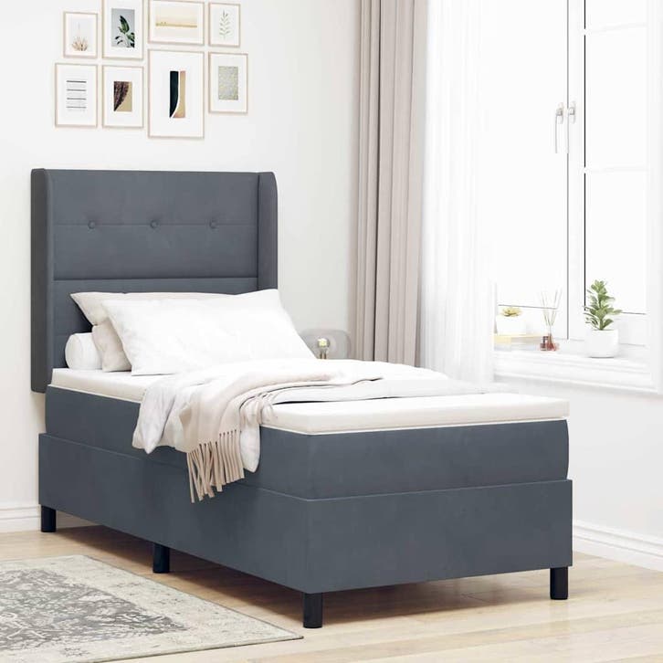 vidaXL Boxspringbed met hoofdeinde Donkergrijs 100 x 200 cm, Huis en Inrichting, Slaapkamer | Bedden, Grijs, Nieuw, Stof, Verzenden