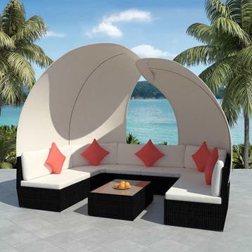 vidaXL 9-delige Loungeset met luifels poly rattan zwart, Meer dan 8 zitplaatsen, Nieuw, Loungeset, Verzenden