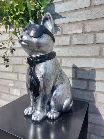 Beeld, silver bronze cat with tie and sunglasses - 29 cm -