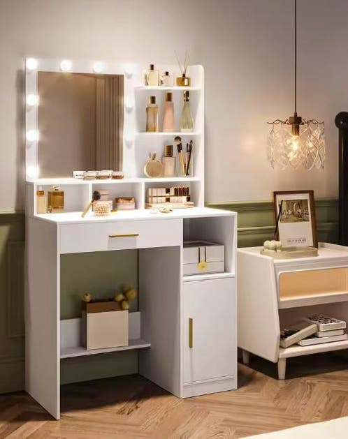 Kaptafel met LED-Spiegel – 10 Lampen, Planken en Lade - Tafels | Kaptafels