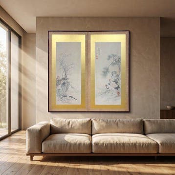 Kamerscherm - Verguld, Hout, Papier - Japan - Nanga Bird &, Antiek en Kunst