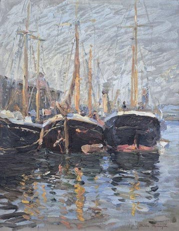 Fritz Müller (XX) - Maritime Hafenszene mit Schiffen, Antiek en Kunst