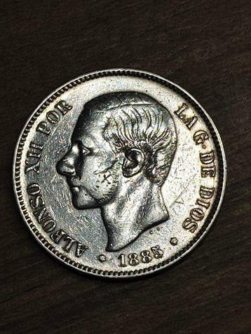 Spanje. Alfonso XII. 5 Pesetas 1885 *87 MSM (Zonder, Postzegels en Munten