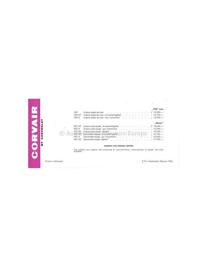 1963 CHEVROLET CORVAIR PRIJSLIJST LEAFLET NEDERLANDS, Boeken, Auto's | Folders en Tijdschriften, Chevrolet