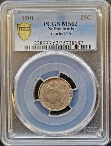 Koningin Wilhelmina 25 cent 1901 Brede Hals PCGS MS62, Postzegels en Munten, Verzenden, Zilver, 25 cent, Koningin Wilhelmina