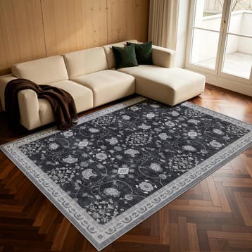 Vintage Vloerkleed | Inka | Bloemen | Zwart | 80x250 cm, Verzenden, Nieuw