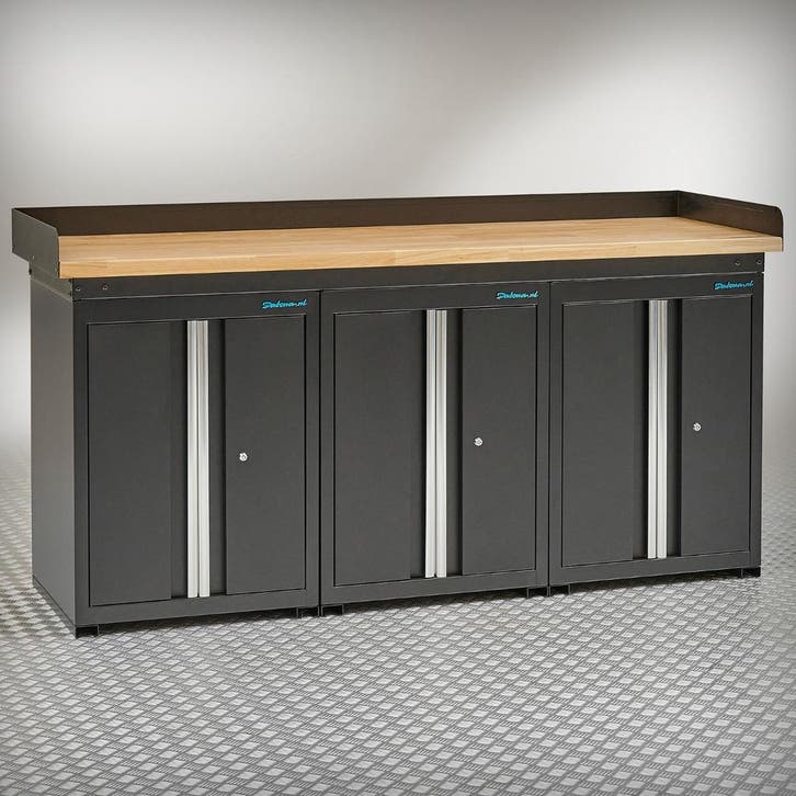 Datona Werkbank PRO eiken - 3 opbergkasten - 200 cm - zwart, Doe-het-zelf en Verbouw, Werkbanken, Nieuw, Ophalen of Verzenden