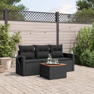 vidaXL 4-delige Loungeset met kussens poly rattan zwart, Verzenden, Nieuw, Loungeset