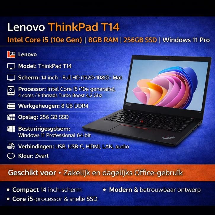 Lenovo ThinkPad T14 Gen 1 – Core i5-10210U  8GB RAM  256GB, Computers en Software, Windows Laptops, 4 Ghz of meer, SSD, 14 inch