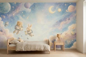 Ruimte behang babykamer – fotobehang met beer en konijn, Verzenden, Fotobehang