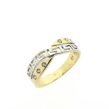 Bicolor gouden ring met meander patroon en zirconia, 18 tot 19, Gebruikt, Ophalen of Verzenden, Met edelsteen