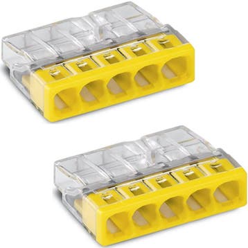 WAGO - Lasklem - 5 Polig - 0.5-2.5mm2 - Geel - 2 Stuks, Doe-het-zelf en Verbouw, Elektra en Kabels, Ophalen of Verzenden, Nieuw