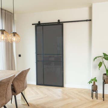 Stalen Schuifdeur Zwart 6 Vlaks Rook glas Luxe design, 75 tot 150 cm, Nieuw, 150 tot 225 cm, Metaal