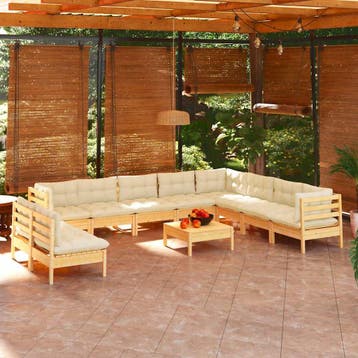 vidaXL 11-delige Loungeset met crèmekleurige kussens, Verzenden, Nieuw, Loungeset