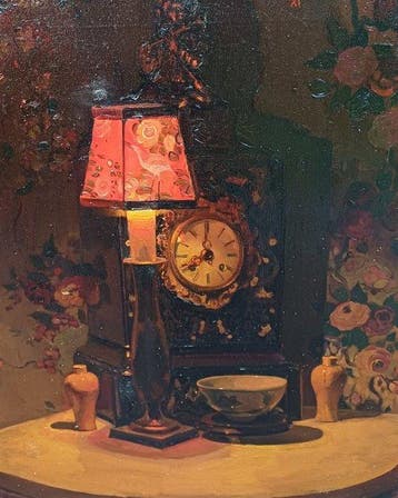 Willem Jansen (1892 -1969) - Stilleven met klok, lamp en