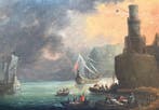Franse school (XIX) - Boats landing in the harbor with, Antiek en Kunst, Kunst | Schilderijen | Klassiek