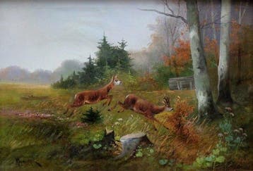 Ignaz Papauschek (1864-1910) - Forest landscape with roe, Antiek en Kunst