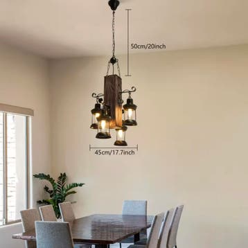Industriële Retro Hanglamp – 4-Lichts Hout en IJzer Design, Verzenden, Nieuw