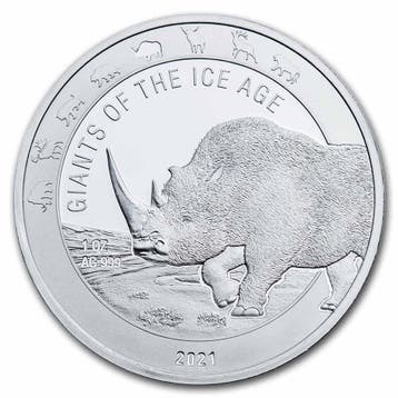 Ghana Giants of the Ice Age 1 oz 2021 Woolly Rhino, Verzenden, Overige landen, Losse munt, Zilver