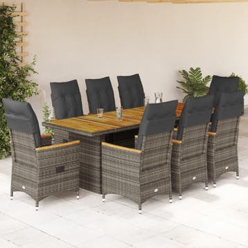 vidaXL 9-delige Bistroset met kussens poly rattan grijs, Verzenden, Nieuw, 8 zitplaatsen