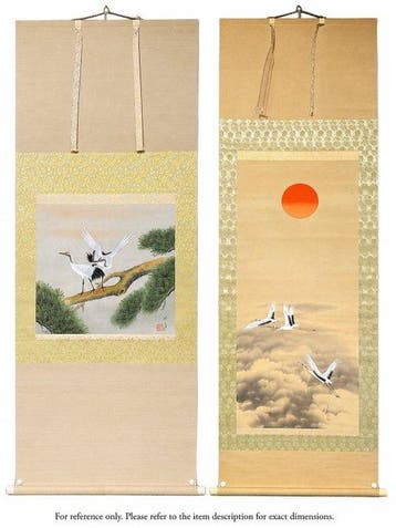 Tweetal Japanse zijden rollen: Kranen op den den door It, Antiek en Kunst