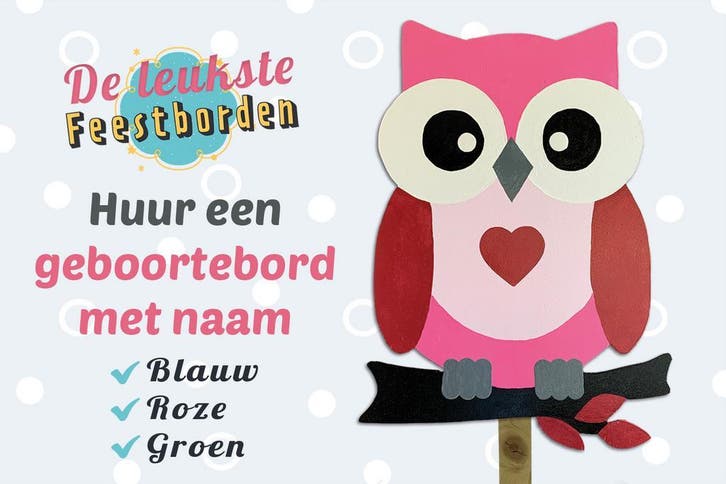 Geboortebord Roze uil goedkoop geboortebord huren meisje, Kinderen en Baby's, Kraamcadeaus en Geboorteborden, Geboortebord, Zo goed als nieuw