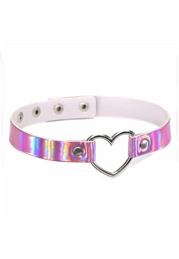 Choker Iridescent Roze Hartje Holografisch Collar Ketting Se, Kunststof, Verstelbaar, Nieuw, Ophalen of Verzenden