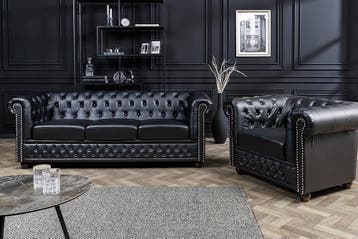 Chesterfield 3-zitsbank 205cm zwart kunstleer klinknagels, Ophalen of Verzenden, Nieuw