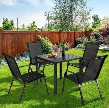 Nieuw: Set van 4 Tuinstoelen Stapelbaar – Staal, zwart,, Verzenden, Nieuw, Metaal, Stapelbaar