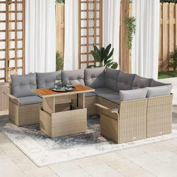 vidaXL Tuin Sofa Set 9 st Beige Poly riet, Verzenden, Nieuw, Rotan, Meer dan 8 zitplaatsen
