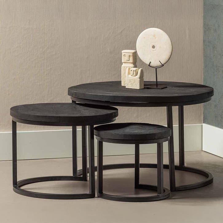 Salontafel Mangohout S Ula Set Van 3 Zwart, Huis en Inrichting, Tafels | Salontafels, Nieuw, Overige houtsoorten, Overige vormen