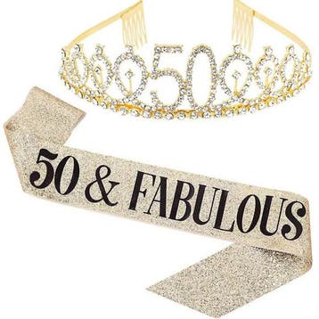 50 & Fabolous set met diadeem en sjerp deLuxe goud glitter, Verzenden, Nieuw, Versiering, Abraham of Sarah