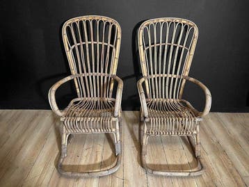 Stoel - Bamboe, Rattan - Paar vintage schommelstoelen van