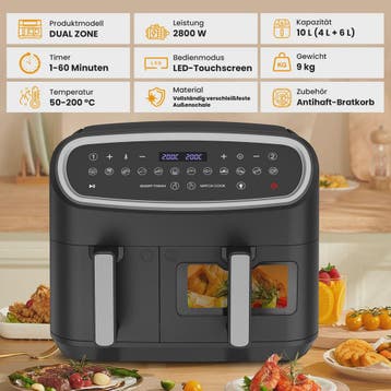Dubbele Zone Airfryer 10L met Kijkvenster & LED Touchscreen, Witgoed en Apparatuur, Verzenden, Nieuw
