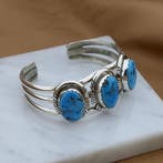 Zilveren bohemian klemarmband met turquoise | Maat S/M, Gebruikt, Overige kleuren, Ophalen of Verzenden, Met edelsteen