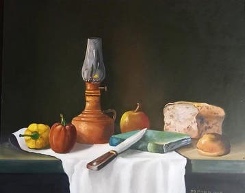Rinus Manschot - Stilleven met olielamp en brood.